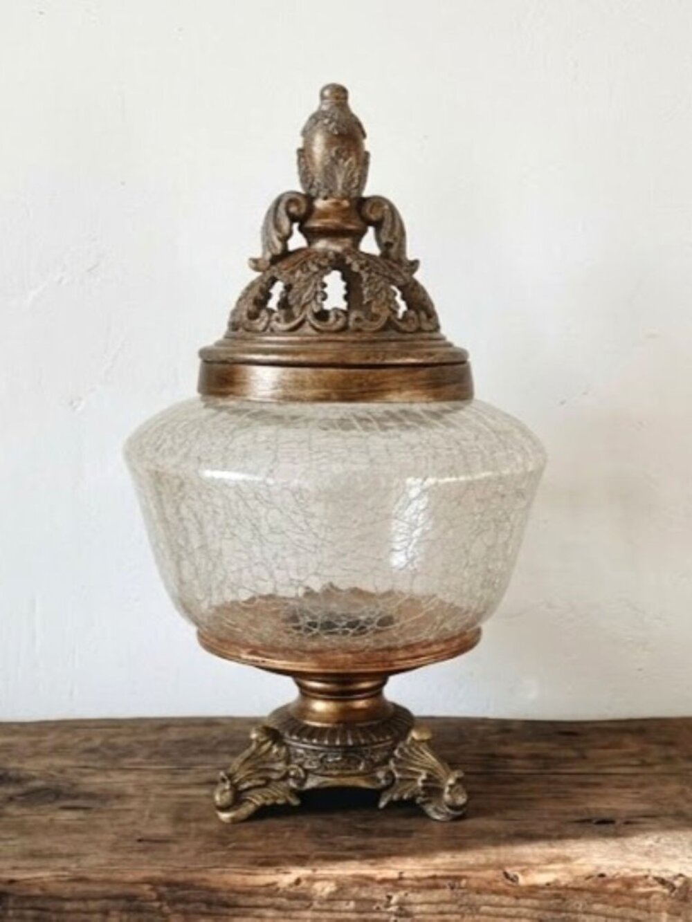 Vintage Crackle Glass Jar Urn Bronze Ornate Finial Lid Pedestal Centerpiece 16"